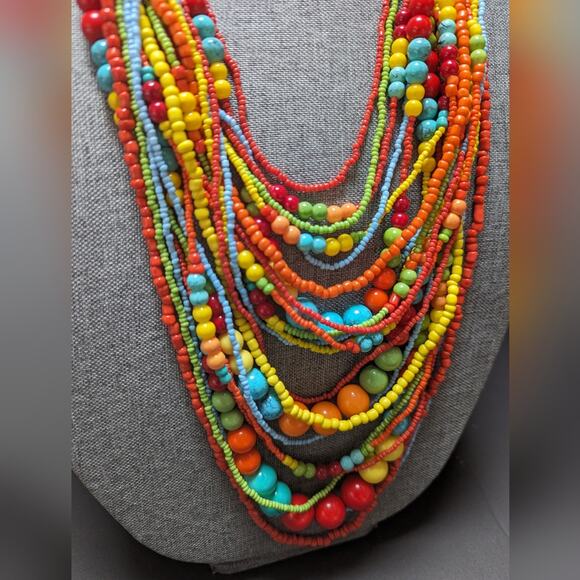 Vincero Graduated Layered Multi Color Seed Bead Boho Hippie Long Necklace 32" - Picture 2 of 5